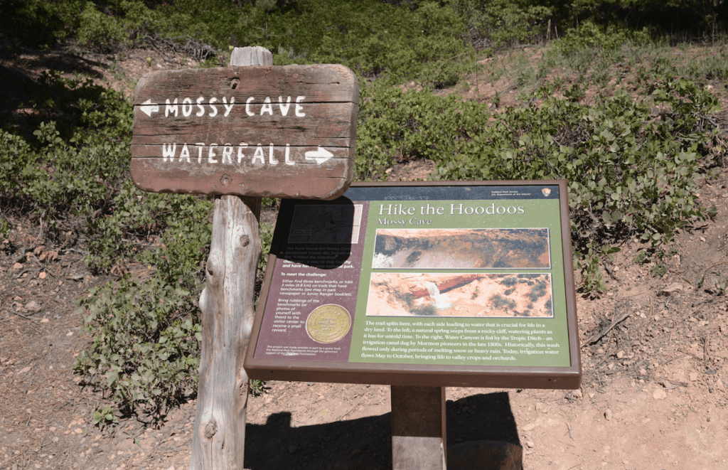 Trail Marker for Mossy Cave and Waterfall from a visit by The Places Where We Go