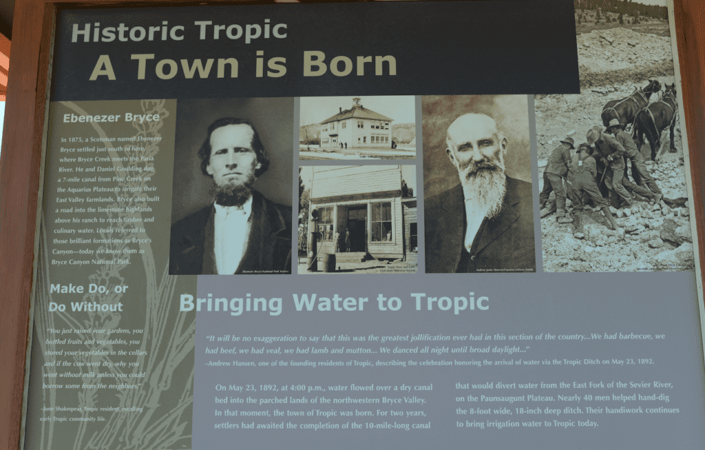 Information display about Tropic, Utah - with the heading, "Historic Tropic - A Town is Born" - outside the Heritage Center in Tropic, Utah