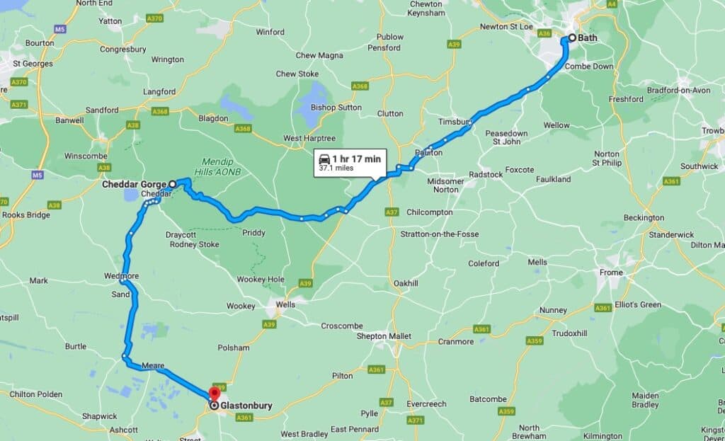 Bath to Glastonbury map