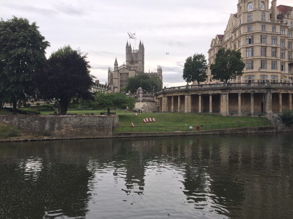 A view of Bath Abbey from the River Avon in Bath England